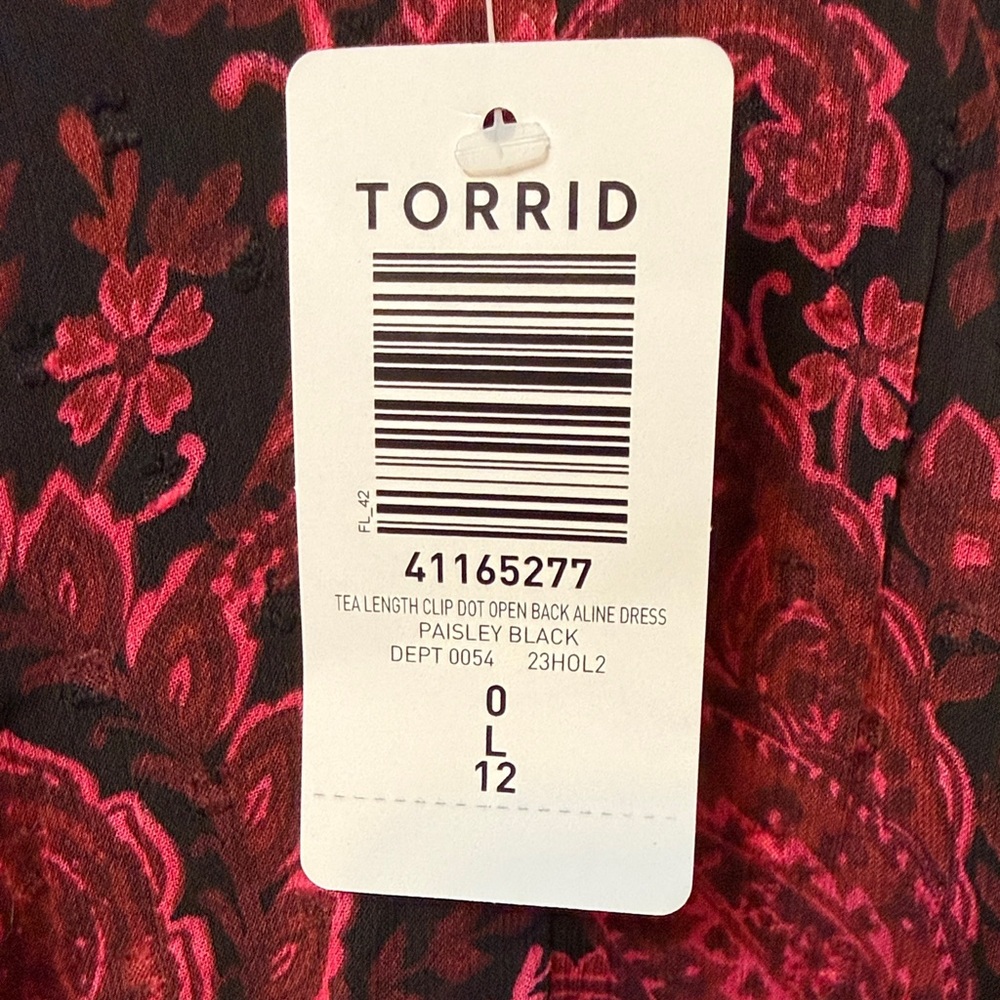 torrid Burgundy and Black Paisley Open Back Long Sleeve Tea Length Aline Dress - Picture 2 of 7